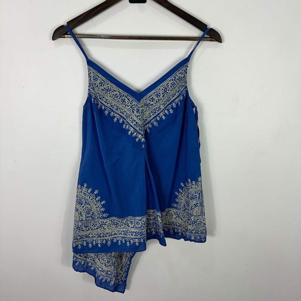 Anthropologie HD in Paris Moonset Asymmetrical Tank top Cami Silk Blue Boho Sz 4